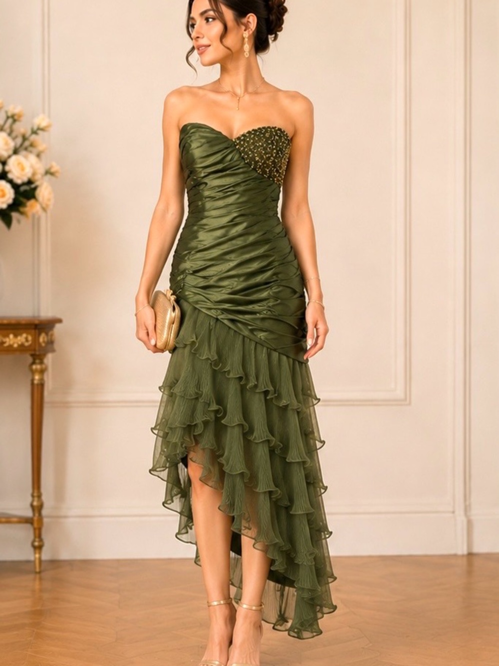 Strapless Olive Ruched Ruffle High-Low Dress